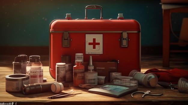 A red medical case sits on a table with a lot of medical supplies.