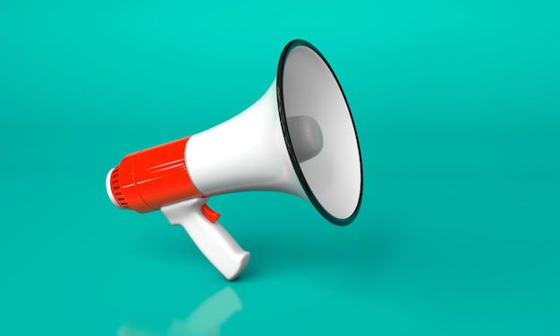 Red megaphone loudspeaker on a green background. 3d render.