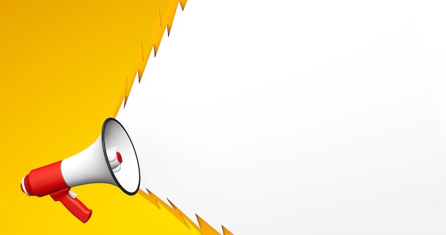 Photo red megaphone with a ragged screaming bubble on a yellow background. 3d render. copy space for text.
