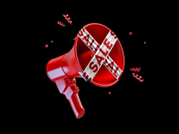 Красный мегафон с запечатанным рупором и надписью о продаже на черном изолированном фоне