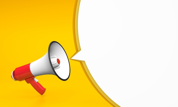 Red megaphone on yellow background and round bubble message. template. 3d render.