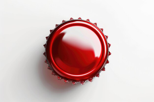 A red metal bottle cap used on glass bottles Shot directly above isolated on white background