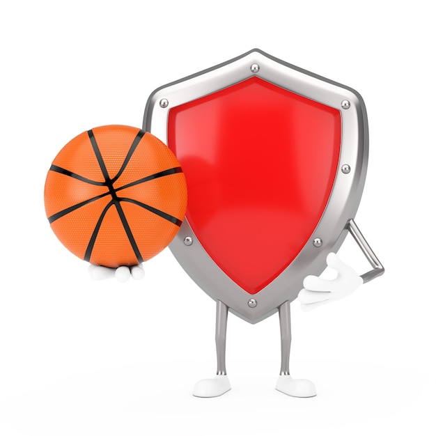 白い背景の上のバスケットボールボールと赤い金属保護シールドキャラクターマスコット。 3Dレンダリング