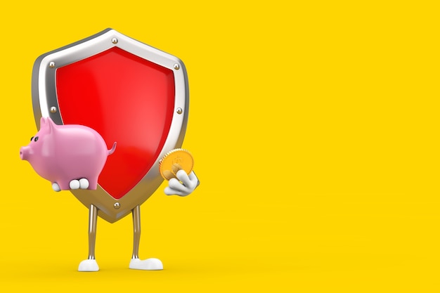 Red Metal Protection Shield Character Mascot with Piggy Bank and Golden Dollar Coin on a yellow background. 3d Rendering