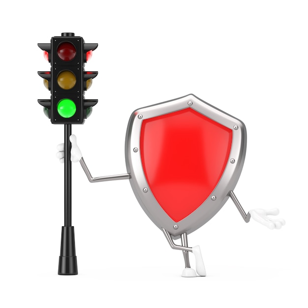 흰색 바탕에 녹색 신호등이 있는 빨간색 금속 보호 방패 캐릭터 마스코트. 3d 렌더링