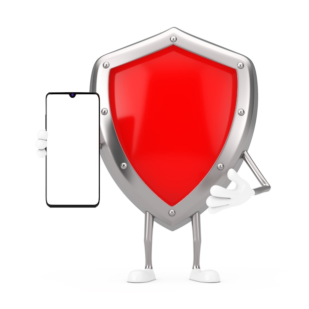 Red Metal Protection Shield karakter mascotte en moderne mobiele telefoon met leeg scherm voor uw ontwerp op een witte achtergrond. 3D-rendering