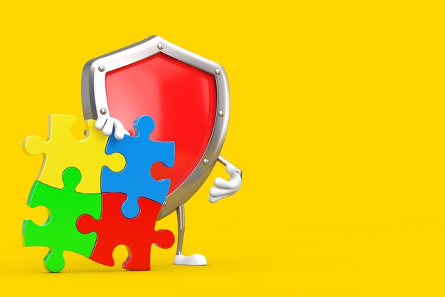 Red metal protection shield person character mascot with four pieces of colorful jigsaw puzzle on a yellow background. 3d rendering