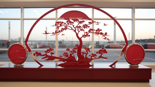 A red metal sculpture with a tree and birds ai