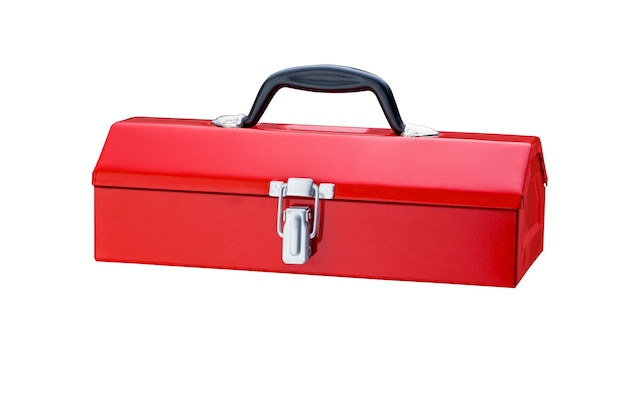Красный металлический ящик для инструментов, изолированные на белом.