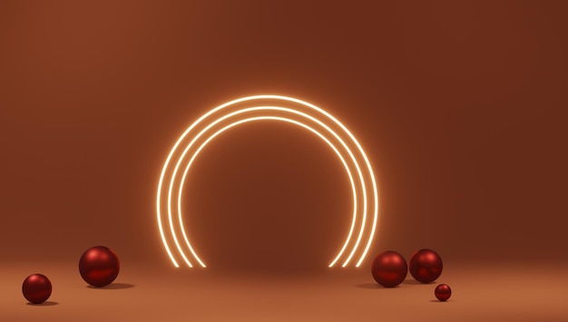 red metallic spheres with glowing circle, 3d render