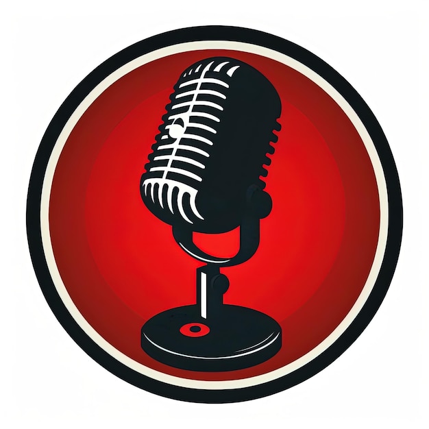 Photo red microphone icon in circle, podcast logo, white background. generative ai