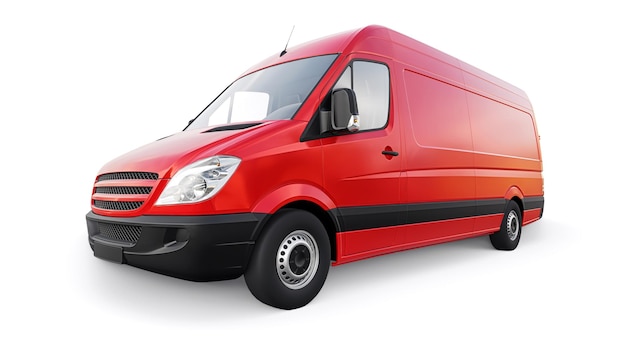 Red midsize commercial van on a white background A blank body for applying your design inscriptions and logos 3d illustration