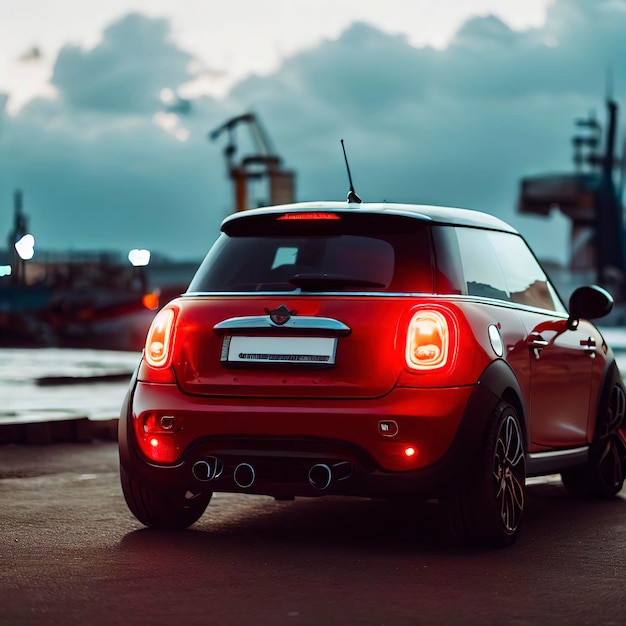 Photo a red mini coupe parked in the port xenon lights back view