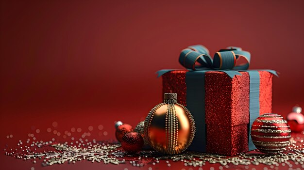 Photo the red minimal scene with a christmas gift box and gold ornament on a red background 3d rendering