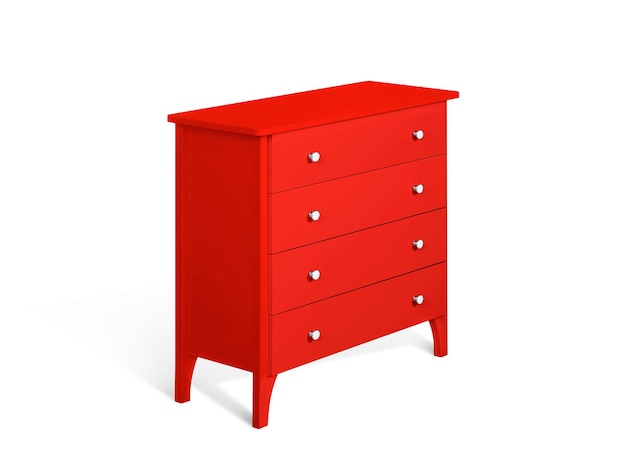 Red modern wooden chest of drawers on white background