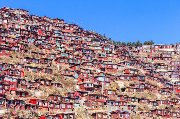 햇볕 날에 Larung gar (Buddhist Academy)에서 붉은 수도원