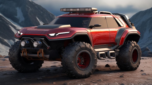 A red monster truck with a large headlight and a large headlight.