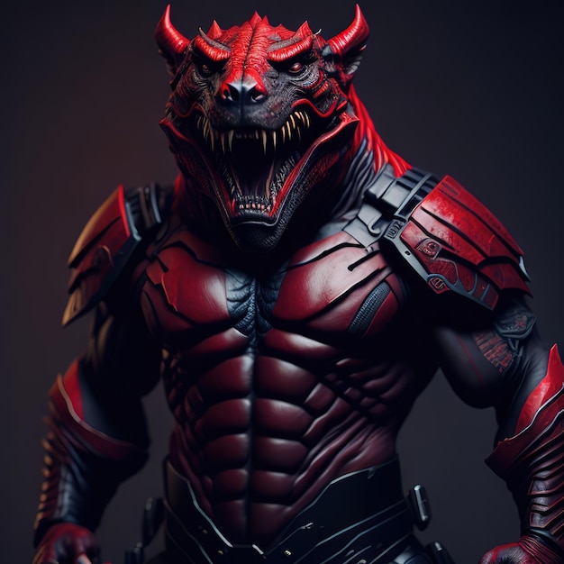 A red monster with horns and a black background.