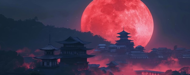 古代アジアの寺院の上の赤い月
