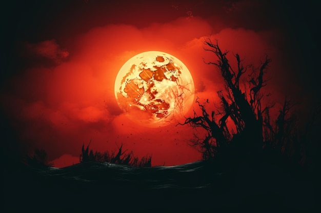 Red moon darkness Blood trees Generate Ai