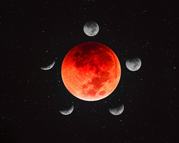 Photo red moon eclipse art with all the phases and stars in background