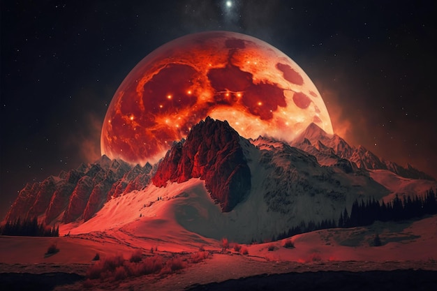 A red moon is in the background of a snowy mountain