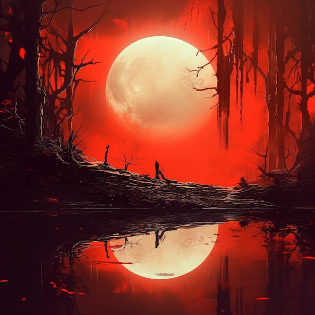 赤い月を背景に湖に赤い月が映っています。
