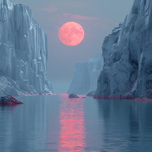 a red moon is rising over the water in a blue sky