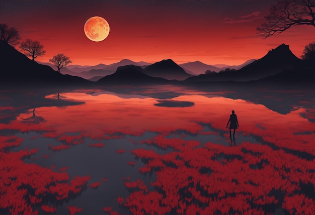 Red moon over the lake in red and black themeAi Generated