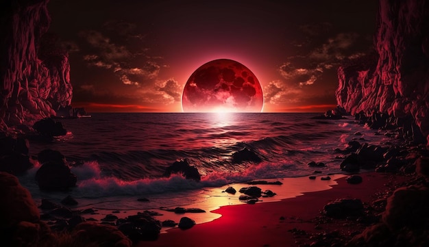 A red moon over the ocean with the sun shining on it