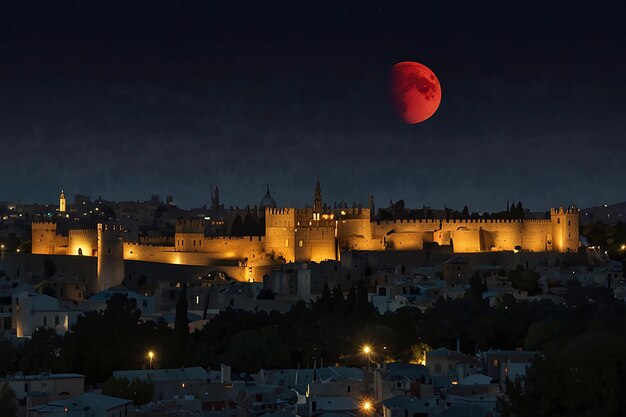 Photo a red moon rises over a city