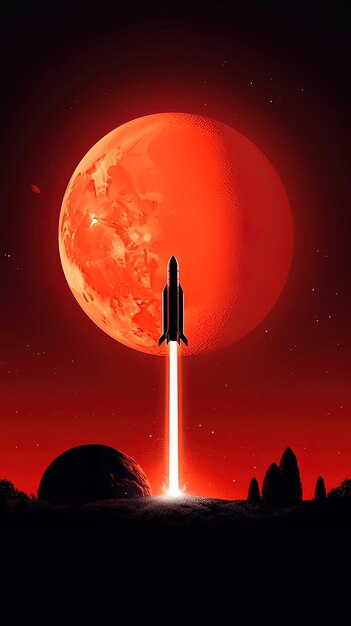 Красная луна и ракета с надписью "Марс"