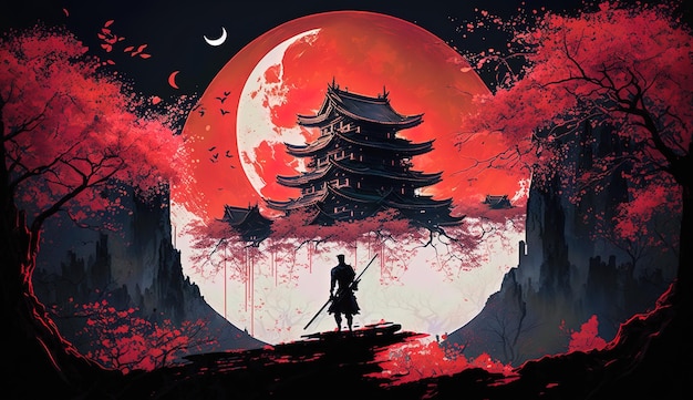 A red moon and a samurai in front of a red moon