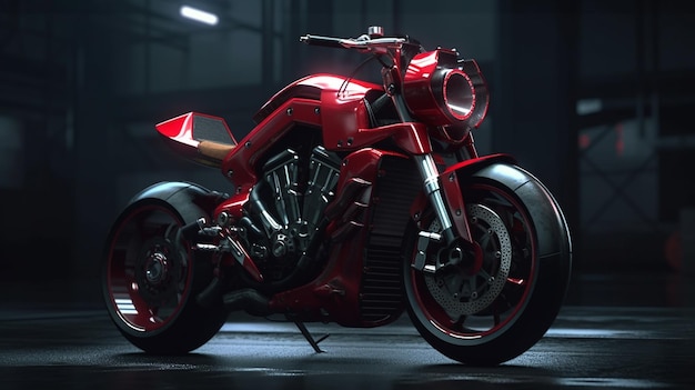 A red motorcycle in a dark room with the word motorcycle on the front.