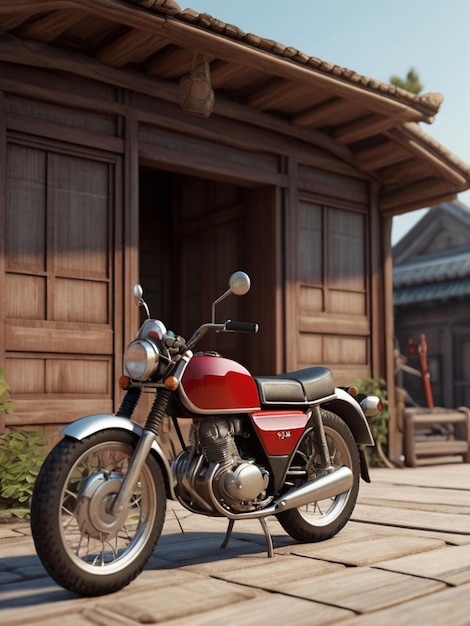 Photo a red motorcycle is parked outside a building with a wooden door