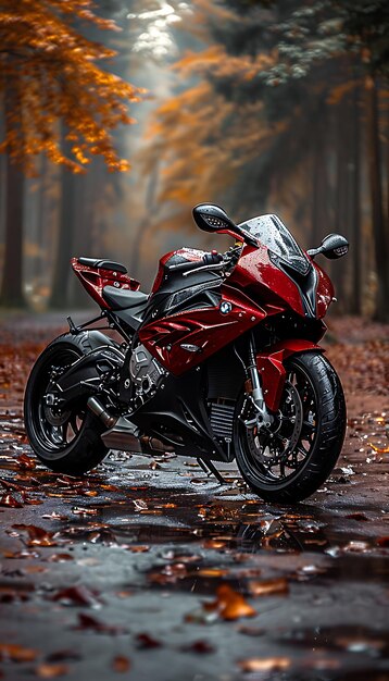 Photo a red motorcycle is parked in the rain with leaves on the ground