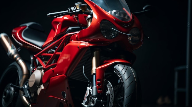 A red motorcycle is shown in the dark