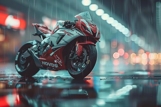 Red Motorcycle Parked on Wet Road