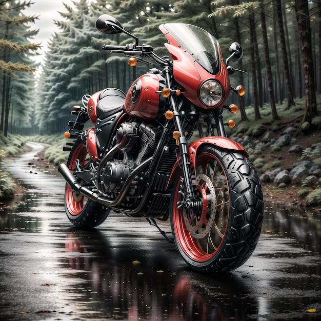 A red motorcycle with a black tire