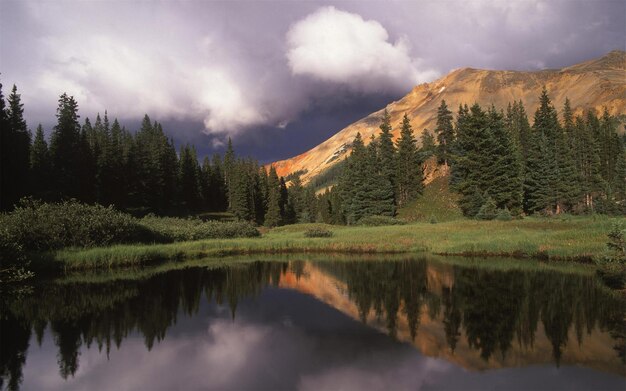 Red Mountain en stormwolken weerspiegeld in de vijver bij zonsondergang Uncompahgre National Forest Colorado