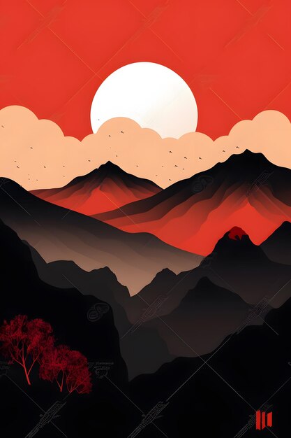 Red mountain landscape with a red sky and the sun