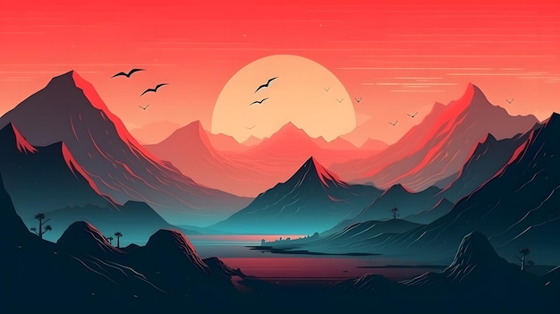 A red mountain landscape with a sunset and a red sky.