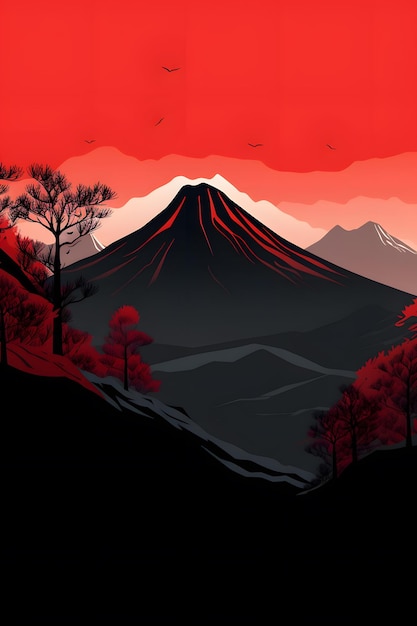 A red mountain with a black mountain in the background