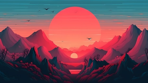 A red mountain with a sunset in the background