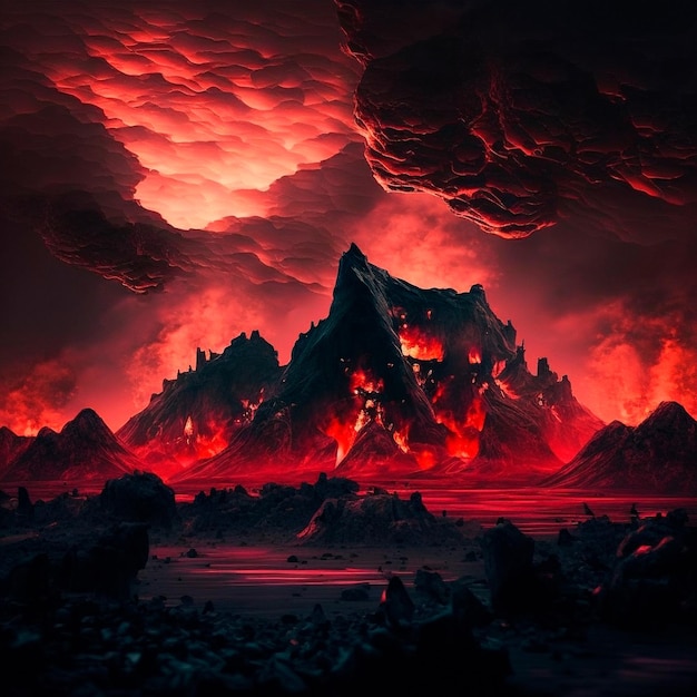 赤い山々がきらめき、地表にひびが入る 暗い空 マグマと溶岩が山に広がる