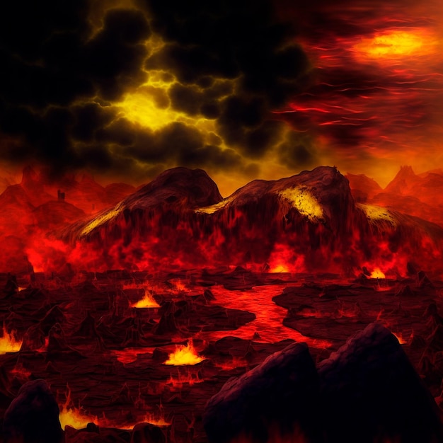赤い山々がきらめき、地表にひびが入る 暗い空 マグマ、溶岩が山に広がる