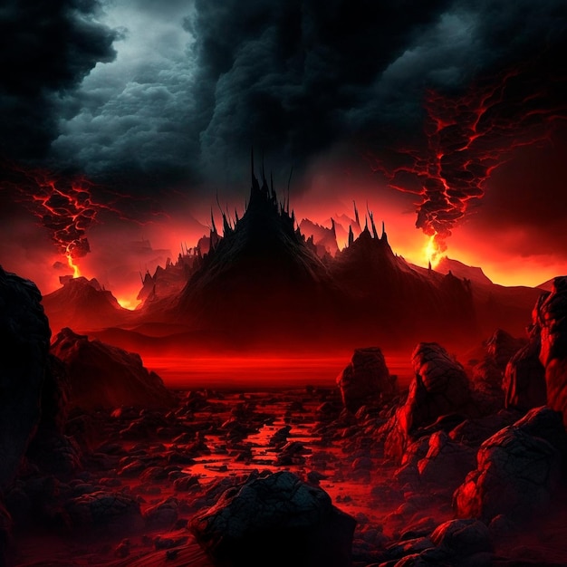 Red mountains flashes and cracks on the surface Gloomy sky Magma and lava spread over the mountains