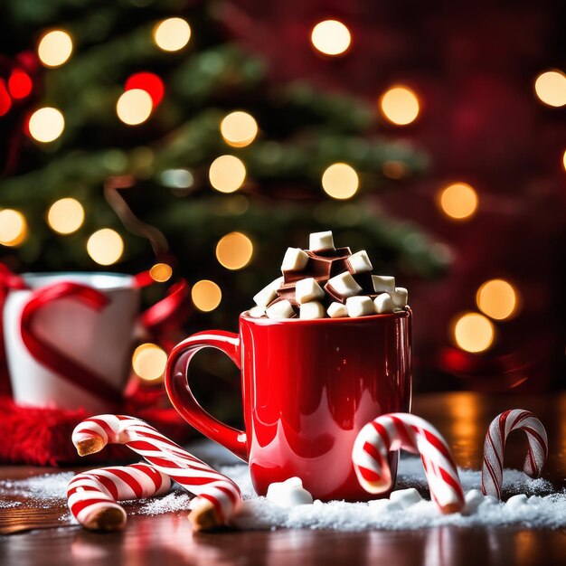 Red mug filled with hot chocolate and marshmallow candy cane on rustic table Christmas background