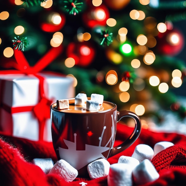 Foto una tazza rossa piena di cioccolato caldo e canna di caramelle al marshmallow su un tavolo rustico sullo sfondo natalizio