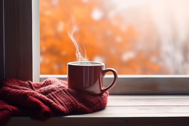 Red mug scarf work window Breakfast meeting Generate Ai
